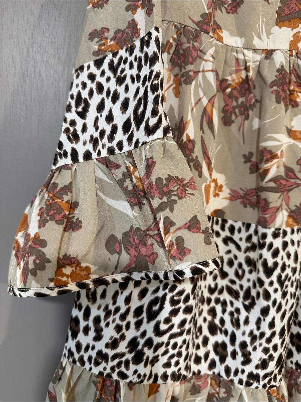 Entro Mixed Print Dress XL Floral & Leopard Ruffle Sleeve Boho Tiered - Picture 8 of 12
